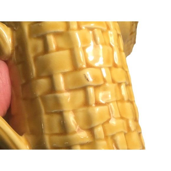 Vintage Ceramic Coffee Mugs Cups Yellow Basket Weave with Peaches on Front #5349 - Picture 6 of 8